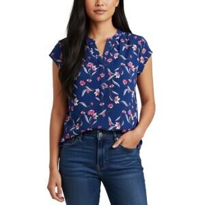 41 Hawthorn Split Neck Blouse Navy Blue Floral Short Sleeve Women’s XS NWT